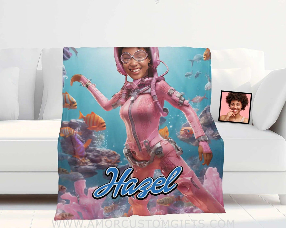 Blankets Personalized Barbi Diving With Fish Blanket | Custom Name & Face Girl Blanket