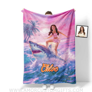 Blankets Personalized Barbi Girl Riding Shark Blanket | Custom Name & Face Girl Blanket