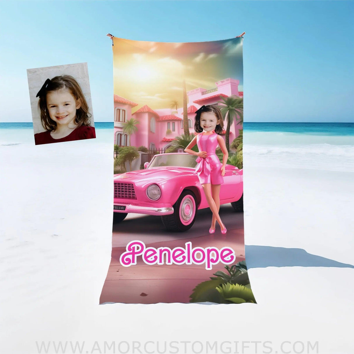 Towels Personalized Fashion Doll Girl Photo Beach Towel | Customized Barbi With Car Beach Towel