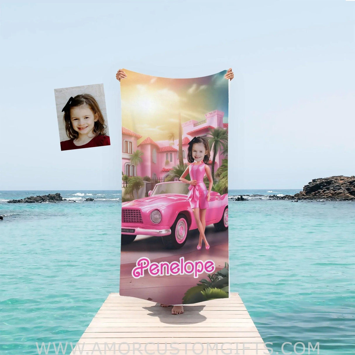 Towels Personalized Fashion Doll Girl Photo Beach Towel | Customized Barbi With Car Beach Towel