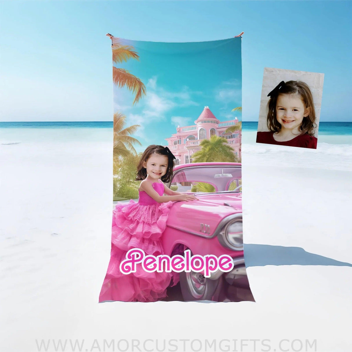 Towels Personalized Fashion Doll Girl Photo Beach Towel | Customized Pink Girl Barbi With Car Beach Towel