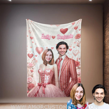 Blankets Personalized Barbi & Ken Couple Blanket | Custom Face & Name Couple Blanket