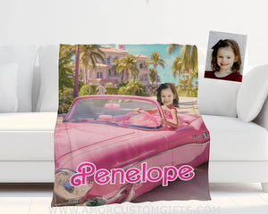 Blankets Personalized Fashion Doll Photo Blanket | Customized Pink Barbi Girl With Car At Her Castle Blanket