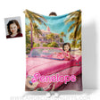 Blankets Personalized Fashion Doll Photo Blanket | Customized Pink Barbi Girl With Car At Her Castle Blanket