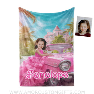 Blankets Personalized Fashion Doll Photo Blanket | Customized Pink Barbi Girl With Car Blanket