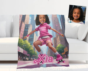 Blankets Personalized Fashion Doll Skating Afro Brown Barbi Girl Blanket | Custom Name & Face Girl Blanket