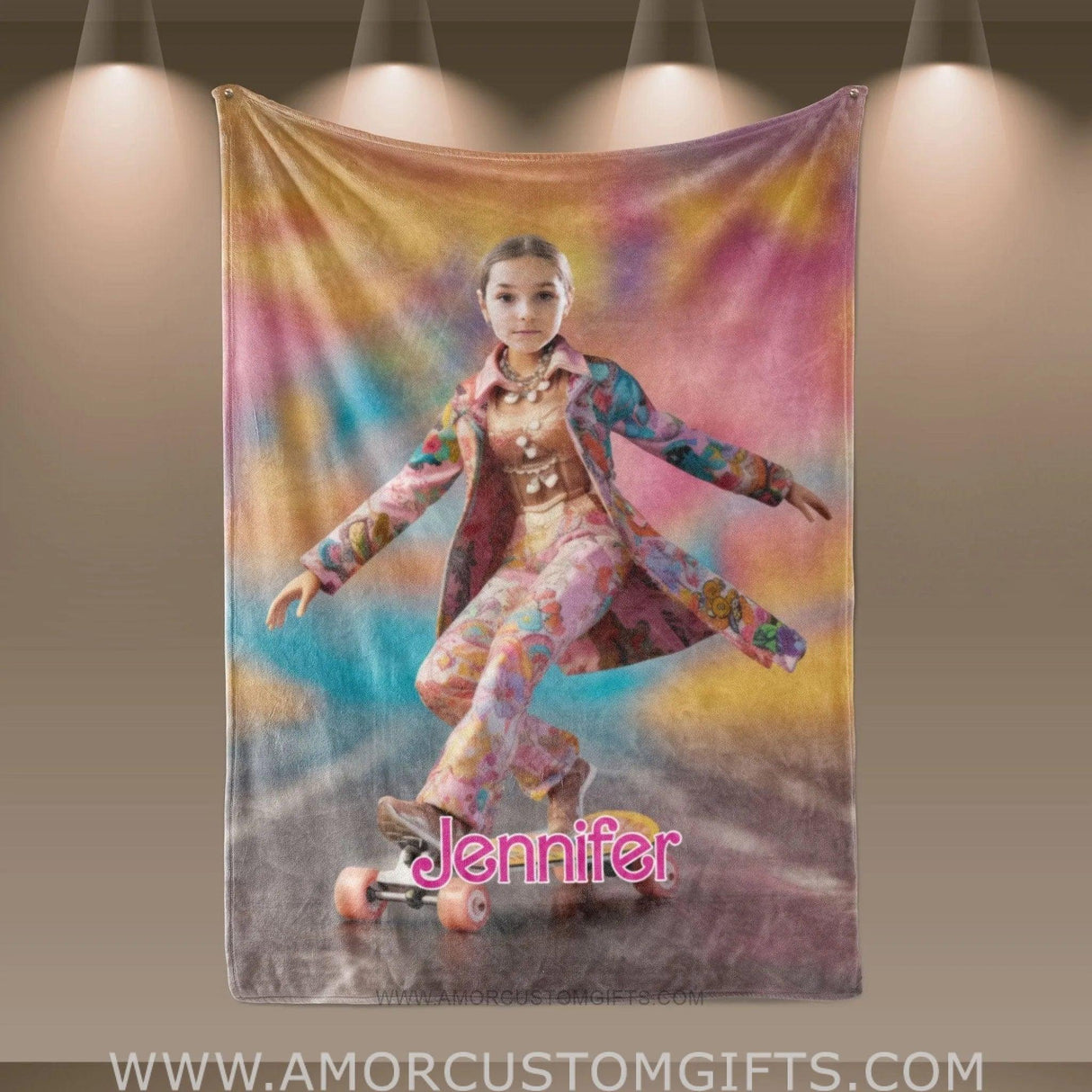 Blankets Personalized Fashion Doll Skating In Road Blanket | Custom Name & Face Girl Blanket