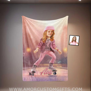 Blankets Personalized Fashion Doll Skating In Road Pink City Blanket | Custom Name & Face Girl Blanket