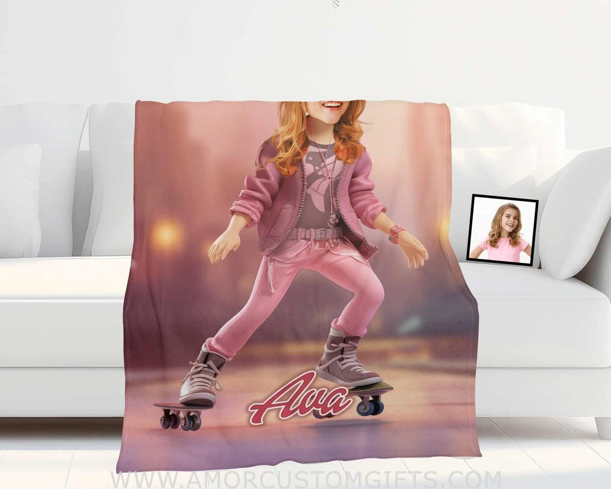 Blankets Personalized Fashion Doll Skating In Road Pink City Blanket | Custom Name & Face Girl Blanket