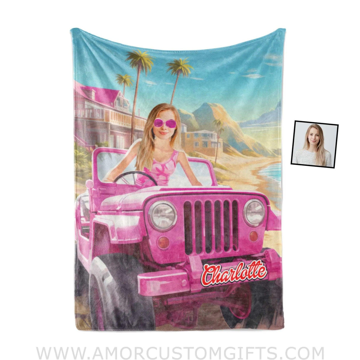 Blankets Personalized  Barbi Jeep Truck Beach Blanket | Custom Name & Face Girl Blanket