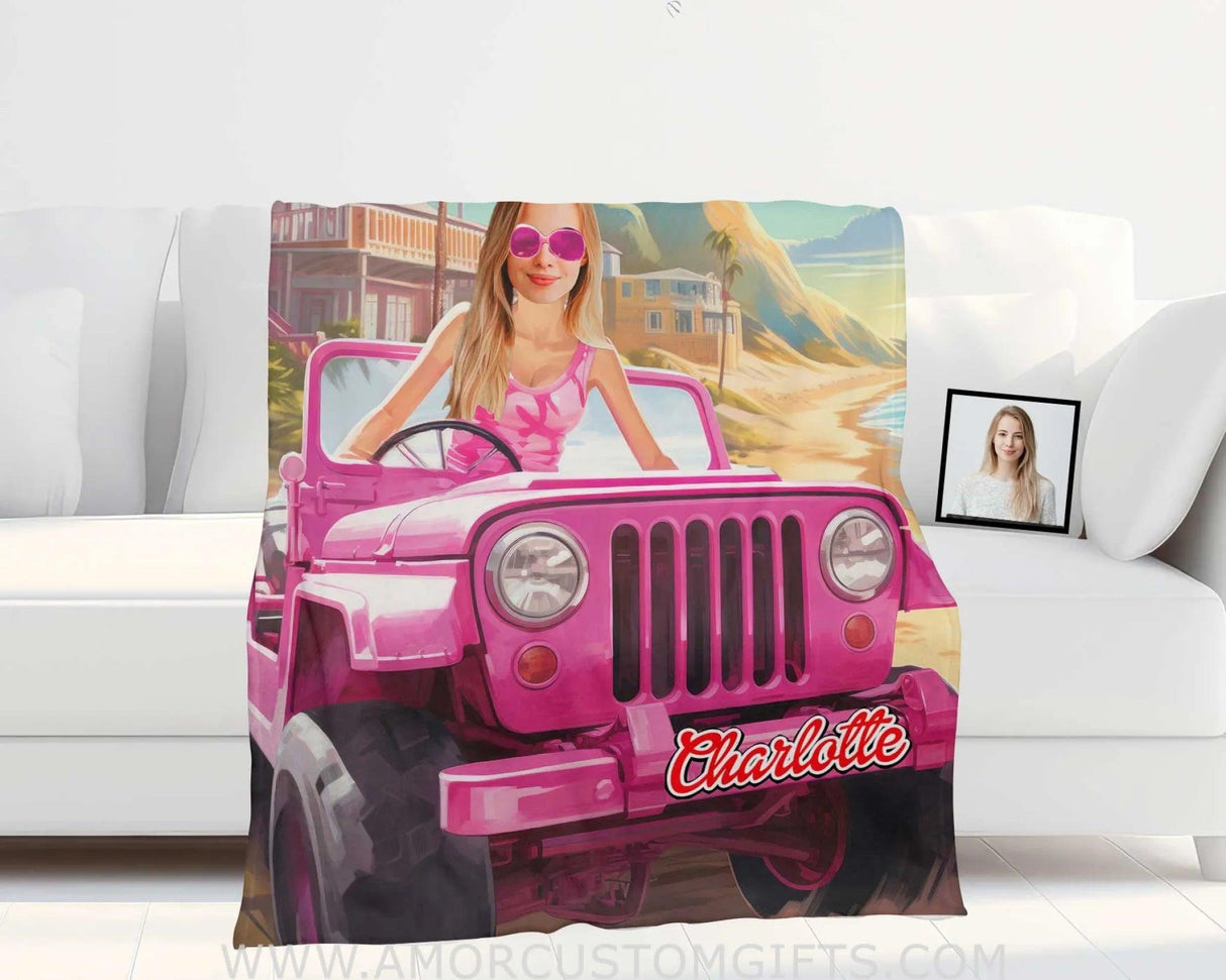 Blankets Personalized  Barbi Jeep Truck Beach Blanket | Custom Name & Face Girl Blanket