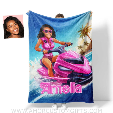 Blankets Personalized Barbie Jet Ski Blanket | Custom Name & Face Girl Blanket