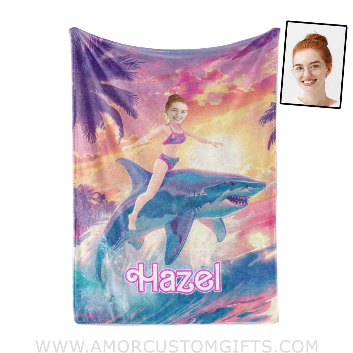 Blankets Personalized Barbi Riding Shark Blanket | Custom Name & Face Girl Blanket