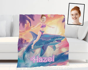 Blankets Personalized Barbi Riding Shark Blanket | Custom Name & Face Girl Blanket