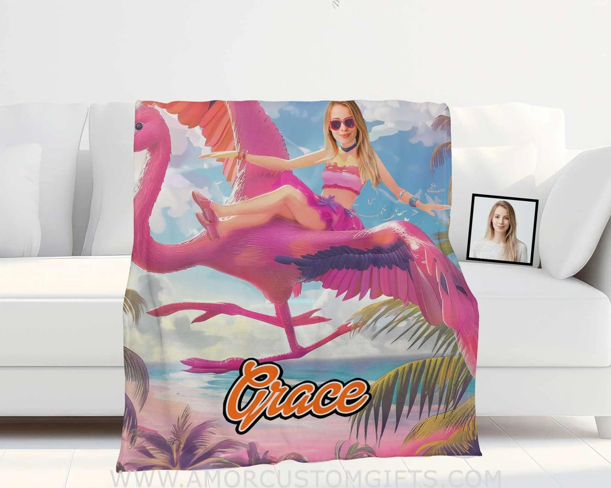 Blankets Personalized Barbi Summer Flamingo Blanket | Custom Name & Face Girl Blanket