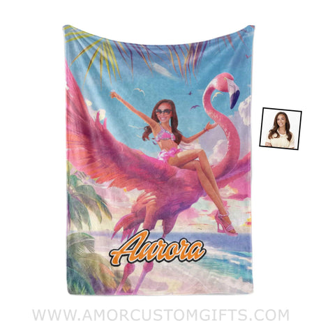 Blankets Personalized Barbie Summer Flamingo On Beach Blanket | Custom Name & Face Girl Blanket