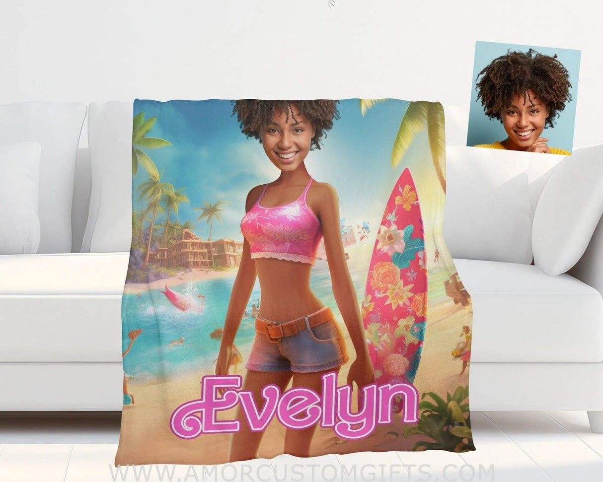 Blankets Personalized Barbi Surfing Blanket | Custom Name & Face Girl Blanket