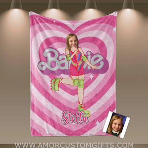 Blankets Personalized Pink Barbi Girl 11 Photo Blanket | Custom Face & Name Girl Blanket