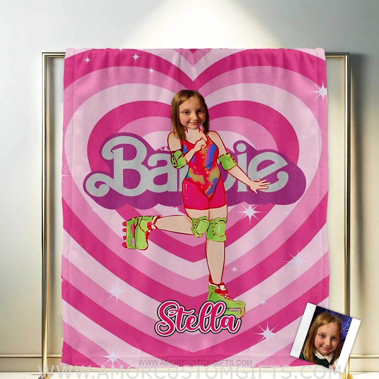 Blankets Personalized Pink Barbi Girl 11 Photo Blanket | Custom Face & Name Girl Blanket