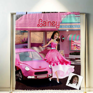 Blankets Personalized Pink Barbi Girl 8 Photo Blanket | Custom Face & Name Girl Blanket