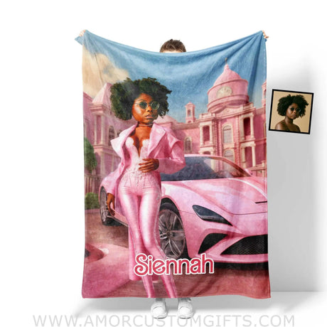 Blankets Personalized Pink Fashion Doll Pink Classic Car Blanket | Custom Name & Face Girl Blanket