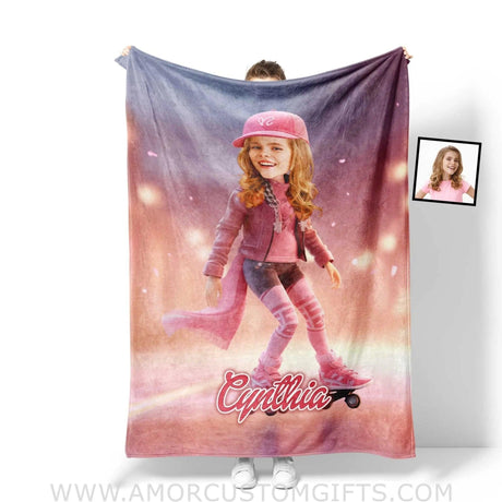 Blankets Personalized Pink Fashion Doll Skating Blanket | Custom Name & Face Girl Blanket