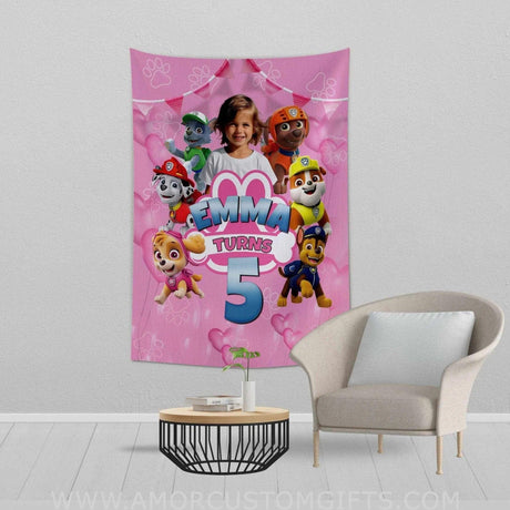 Blankets Personalized Pink Puppy Girl Blanket | Custom Face & Name Girl Blanket