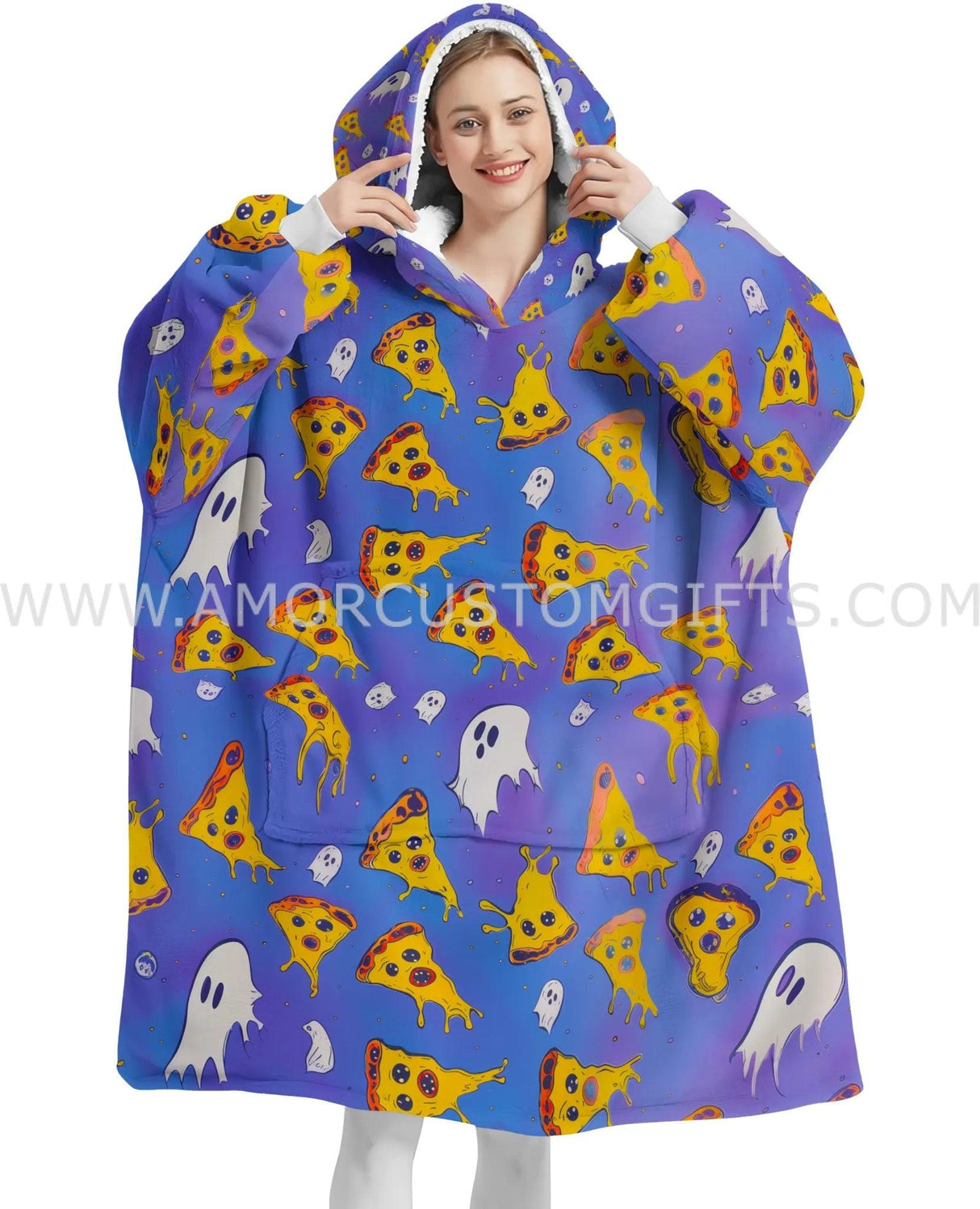 Personalized Pizza Ghosts Party Halloween Snug Oversized Wearable Hoodie Blanket-Hoodie Blanket-Amor Custom Gifts