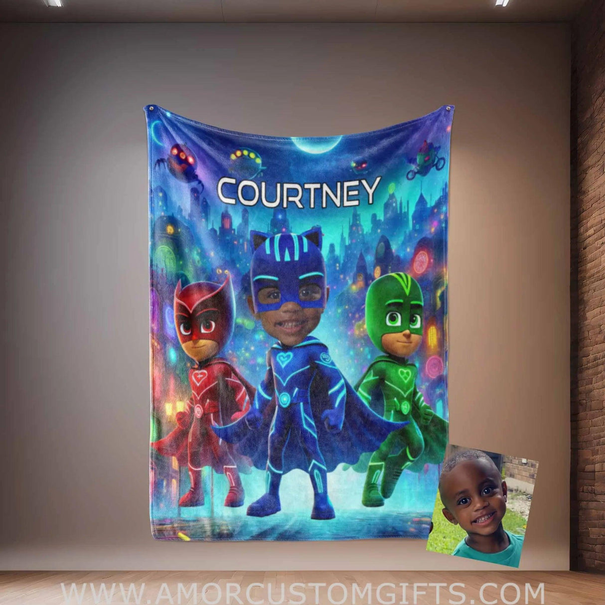 Blankets Personalized PJ Mask 01 Blanket | Custom Face & Name Boy Photo Blanket