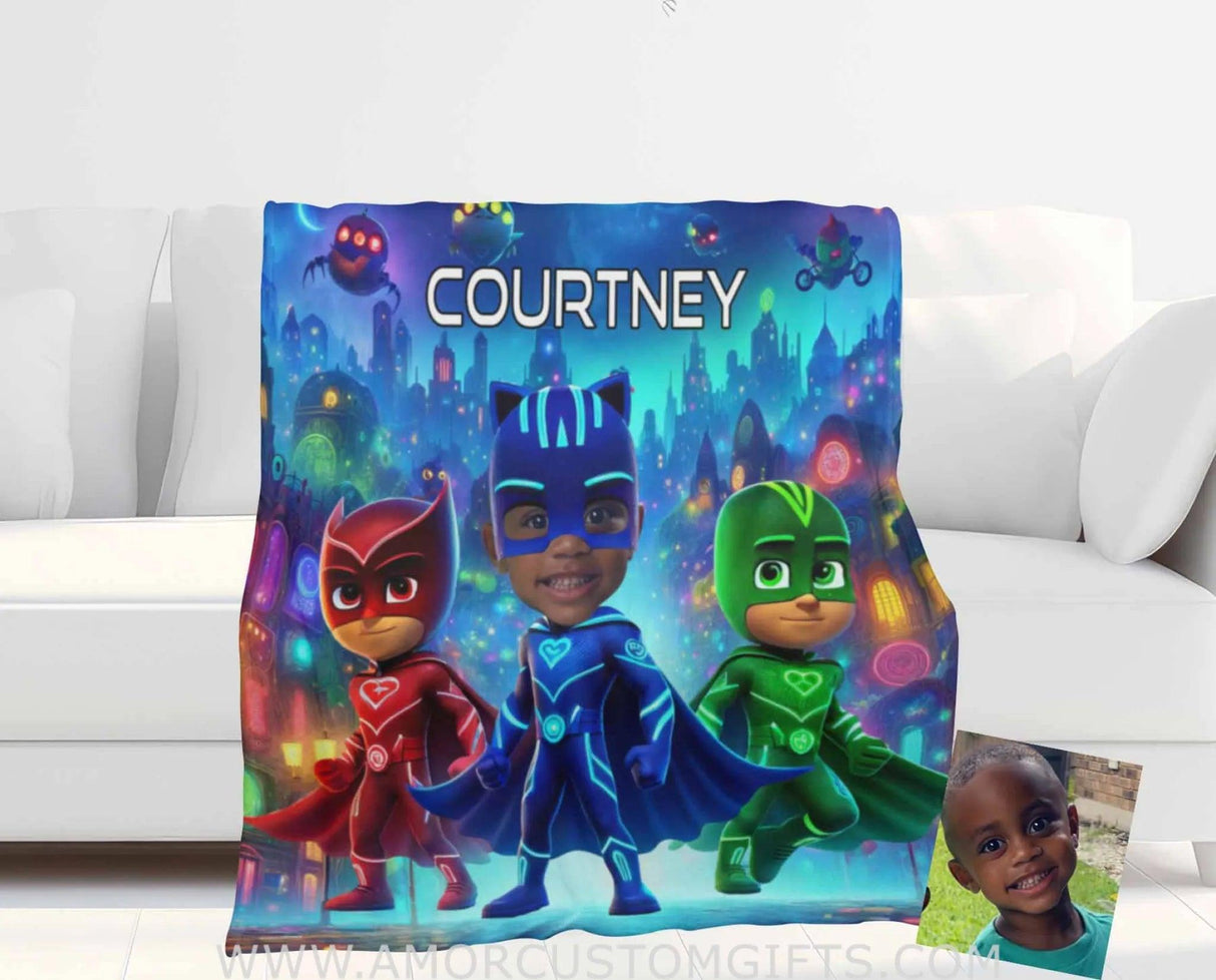 Blankets Personalized PJ Mask 01 Blanket | Custom Face & Name Boy Photo Blanket