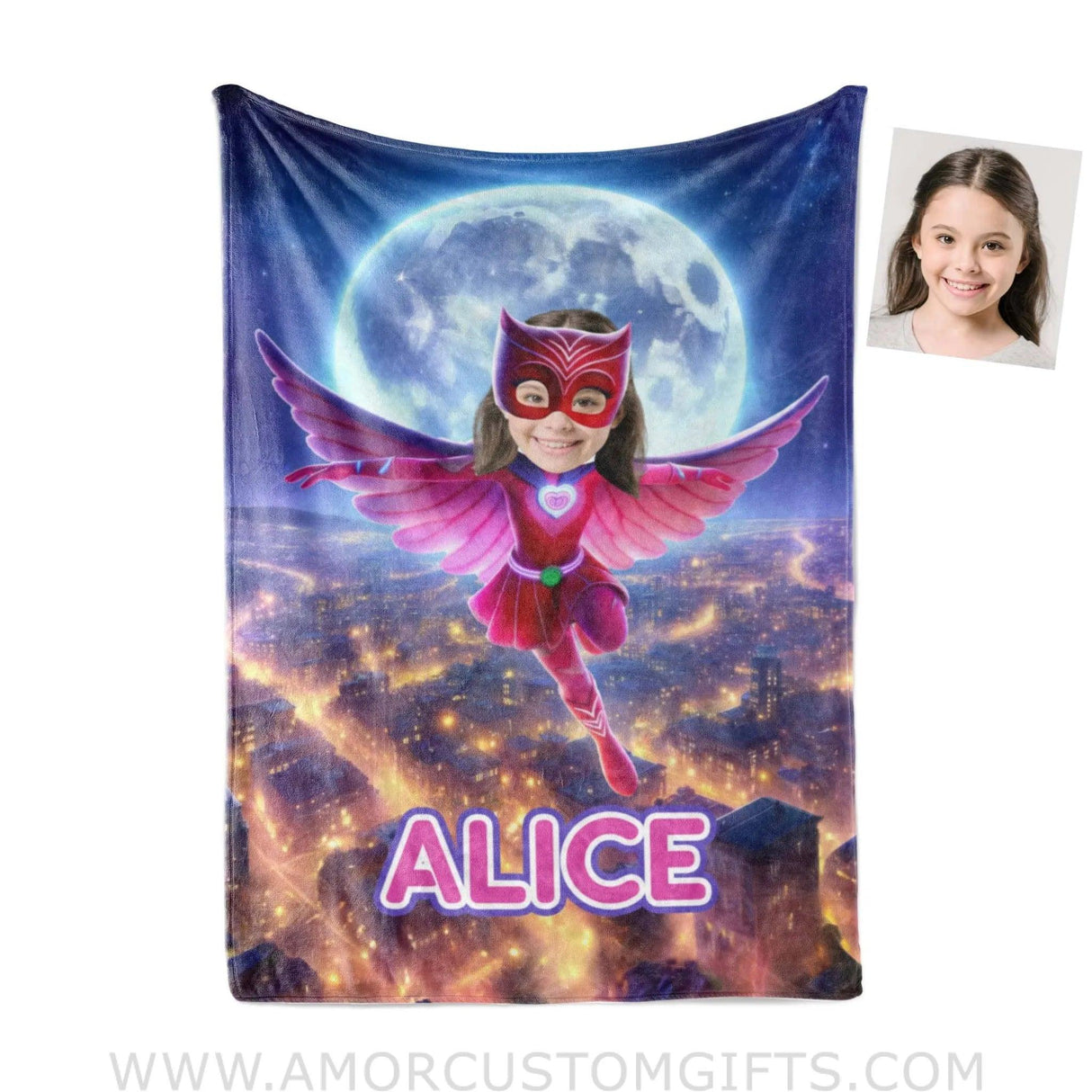 Blankets Personalized PJ Mask Owlette Girl Blanket | Custom Name & Face Girl Blanket