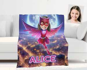 Blankets Personalized PJ Mask Owlette Girl Blanket | Custom Name & Face Girl Blanket