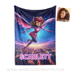 Blankets Personalized PJ Mask Owlette Girl Flying To The Moon Blanket | Custom Name & Face Girl Blanket