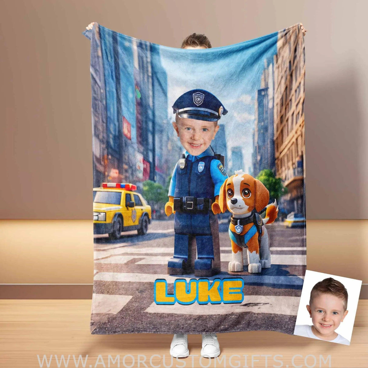 Blankets Personalized Police Boy & Patrol Dog Photo Blanket #1 | Custom Face & Name  Interlocking Building Blocks Patrol Blanket For Boys