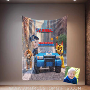 Blankets Personalized Police Boy & Patrol Dog Photo Blanket #3 | Custom Face & Name  Interlocking Building Blocks Patrol Blanket For Boys