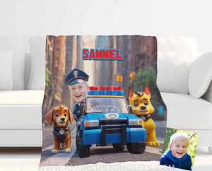 Blankets Personalized Police Boy & Patrol Dog Photo Blanket #3 | Custom Face & Name  Interlocking Building Blocks Patrol Blanket For Boys