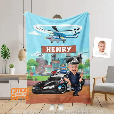 Blankets Personalized Police Car 3 Boy Blanket | Custom Face & Name Vehicle Boy Blanket