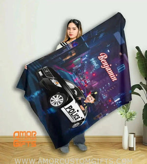 Blankets Personalized Police Car Boy Blanket | Custom Face & Name Vehicle Boy Blanket