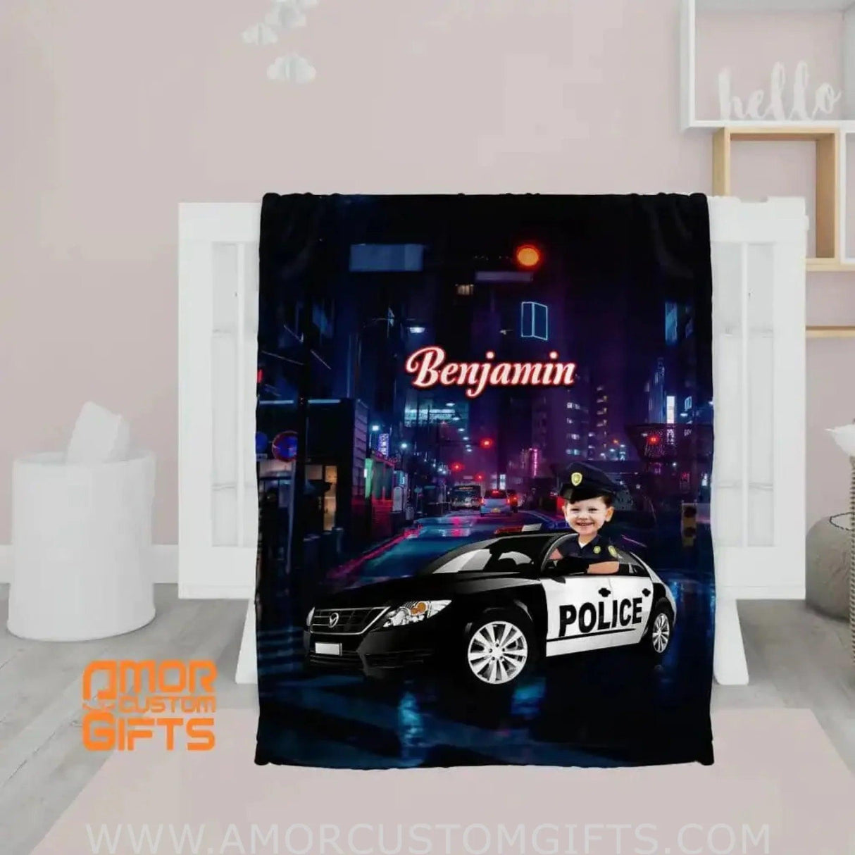 Blankets Personalized Police Car Boy Blanket | Custom Face & Name Vehicle Boy Blanket