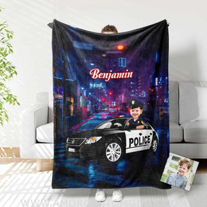 Blankets Personalized Police Car Boy Blanket | Custom Face & Name Vehicle Boy Blanket