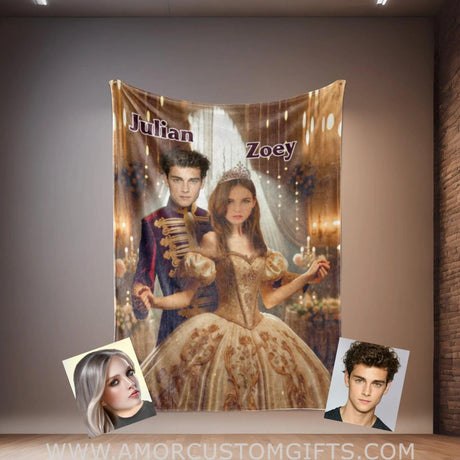 Blankets Personalized Princess And Prince Couple Blanket | Custom Face & Name Couple Blanket