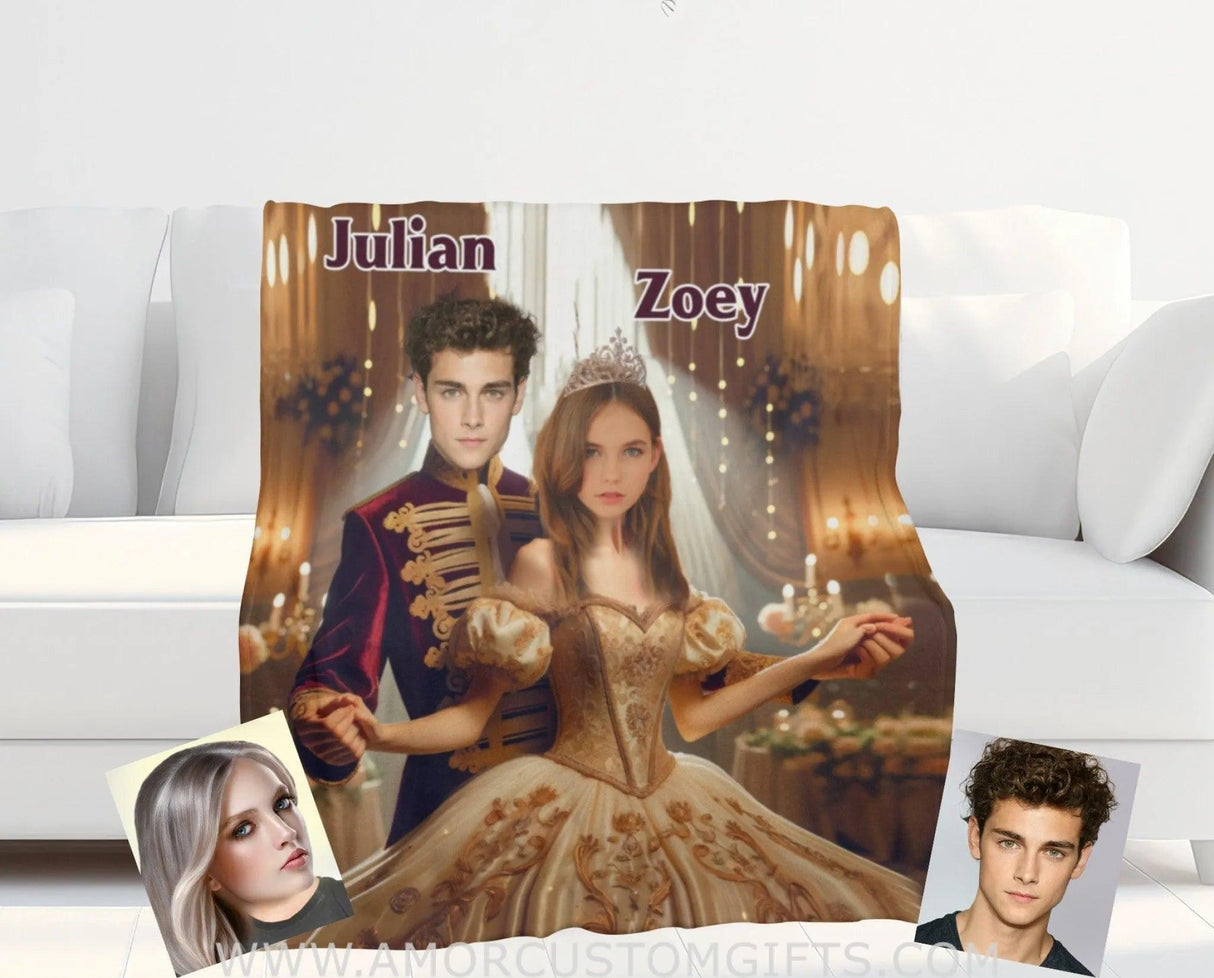 Blankets Personalized Princess And Prince Couple Blanket | Custom Face & Name Couple Blanket