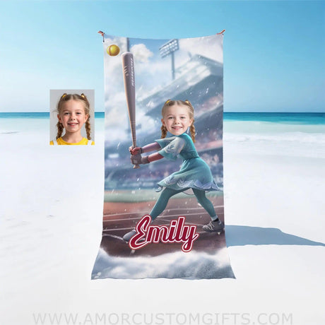 Towels Personalized Princess Frozen Elsa Softball Girl Photo Beach Towel