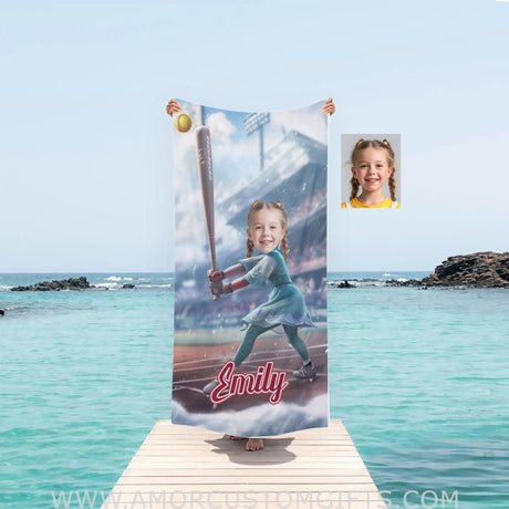 Towels Personalized Princess Frozen Elsa Softball Girl Photo Beach Towel