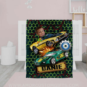 Blankets Personalized Racing Car Boy Blanket | Custom Face & Name Vehicle Boy Blanket