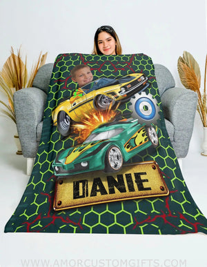 Blankets Personalized Racing Car Boy Blanket | Custom Face & Name Vehicle Boy Blanket