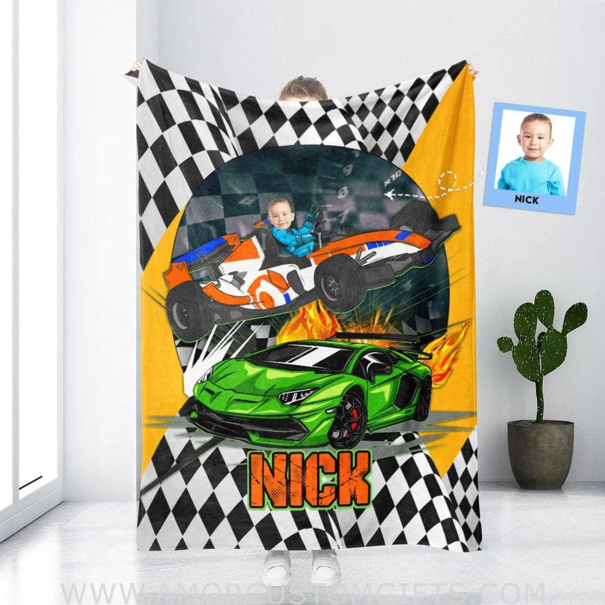 Blankets Personalized Racing Car Boy Blanket | Custom Face & Name Vehicle Boy Blanket