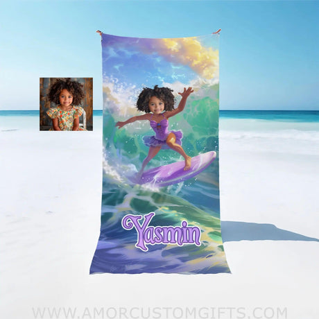 Personalized Rapunzel Princess Summer Surfing Dancing On Surfboard Girl Beach Towel | Custom Name &