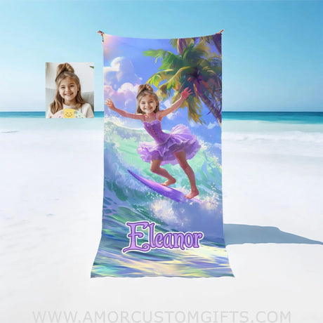 Personalized Rapunzel Princess Summer Surfing Dancing On Surfboard Girl Beach Towel | Custom Name &