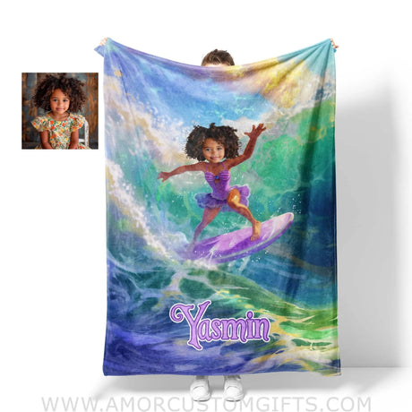 Personalized Rapunzel Princess Summer Surfing Dancing On Surfboard Girl Blanket | Custom Name &